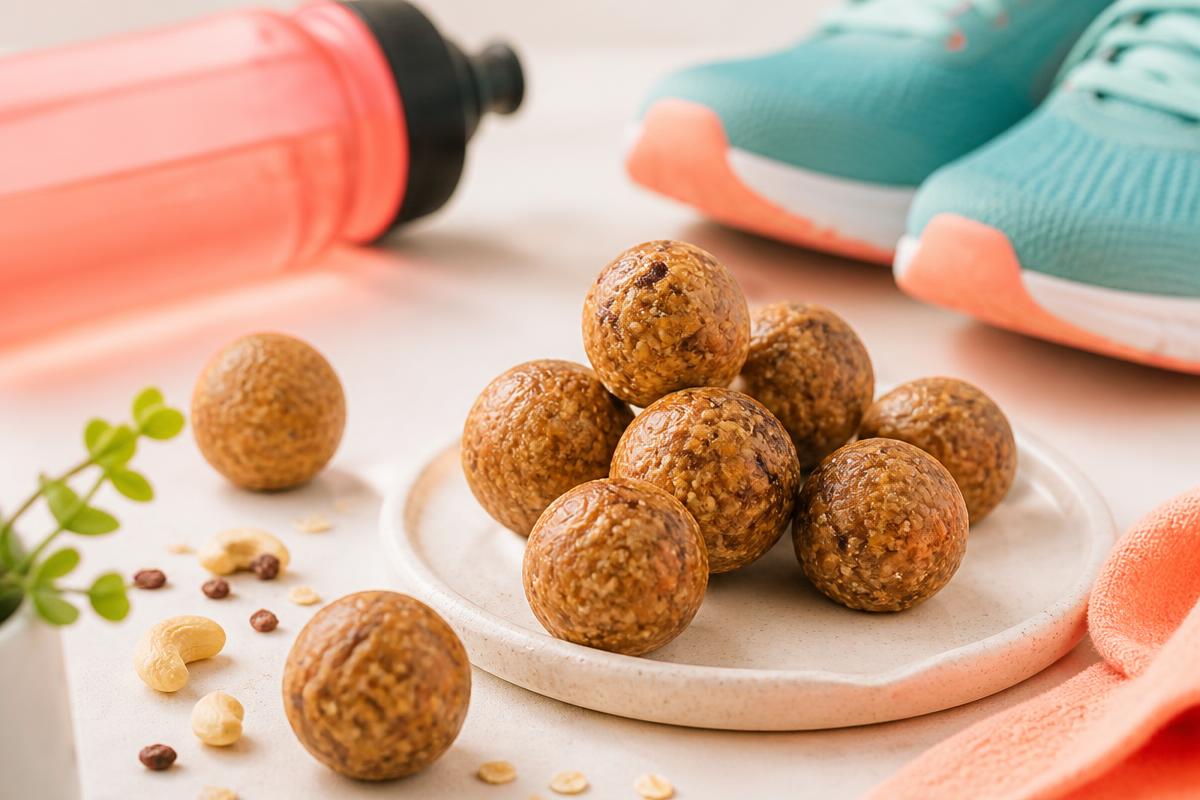 GoDough soft energy dough bites stacked on a plate with running shoes and a water bottle in the background